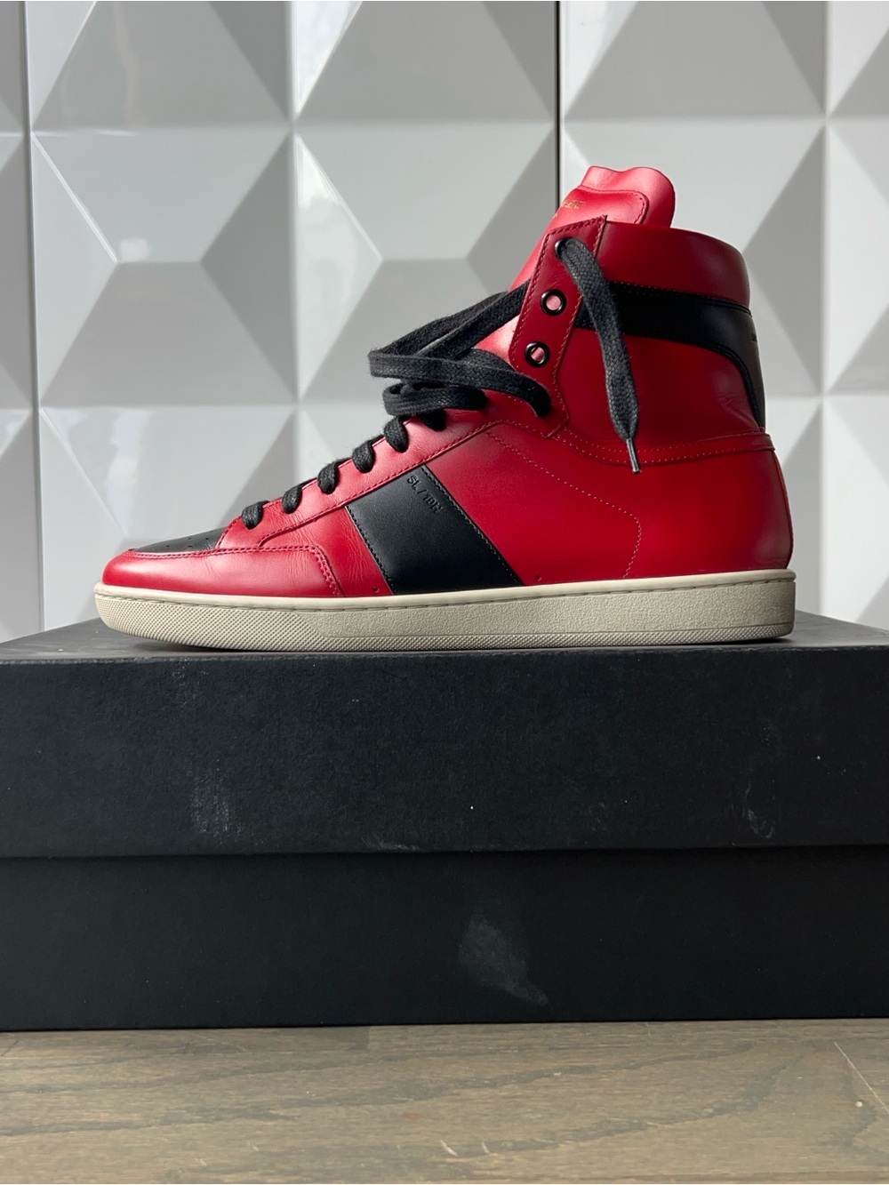 Saint Laurent SL/10H Red and Black High-Top Leather Sneakers